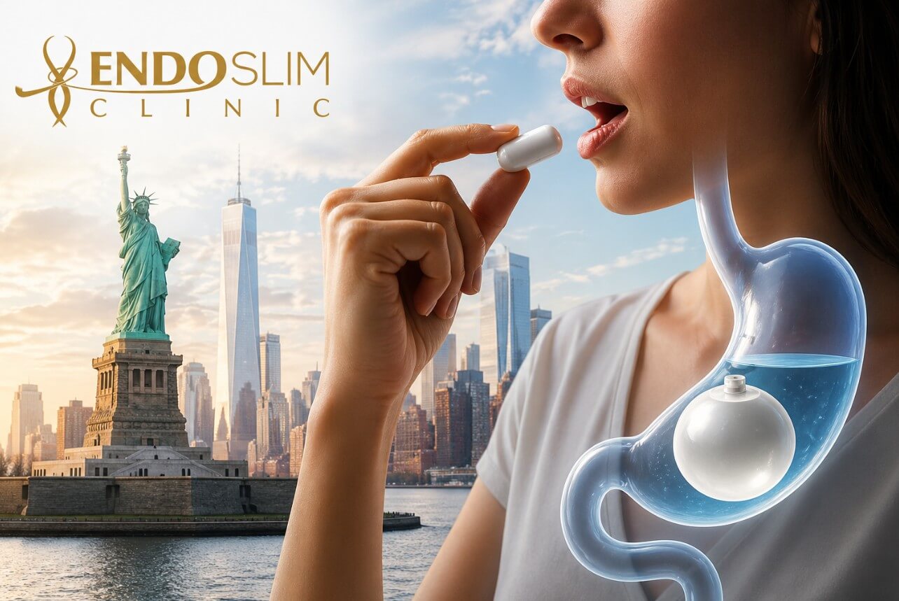 Woman swallowing capsule with stomach balloon visualization and EndoSlim Clinic logo over New York skyline
