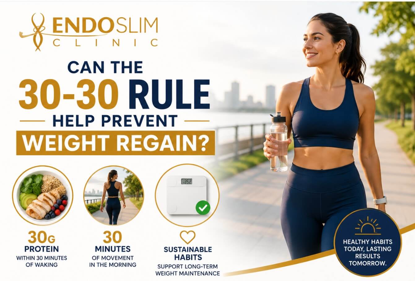 Can the 30-30 Rule help prevent weight regain? Educational graphic showing protein intake, morning walking, and healthy habits for long-term weight maintenance.