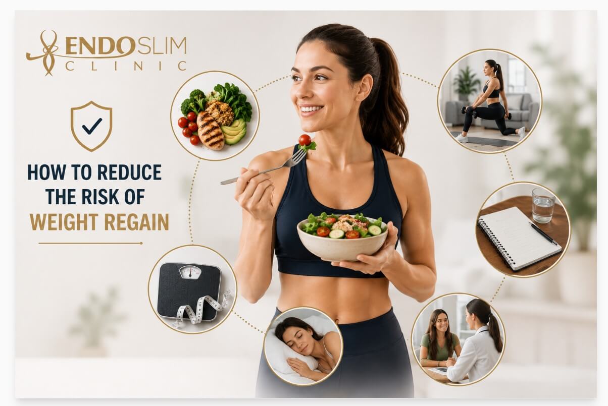 Healthy lifestyle habits that help reduce the risk of weight regain after weight loss, including nutritious eating, exercise, sleep, progress tracking, and ongoing medical support.