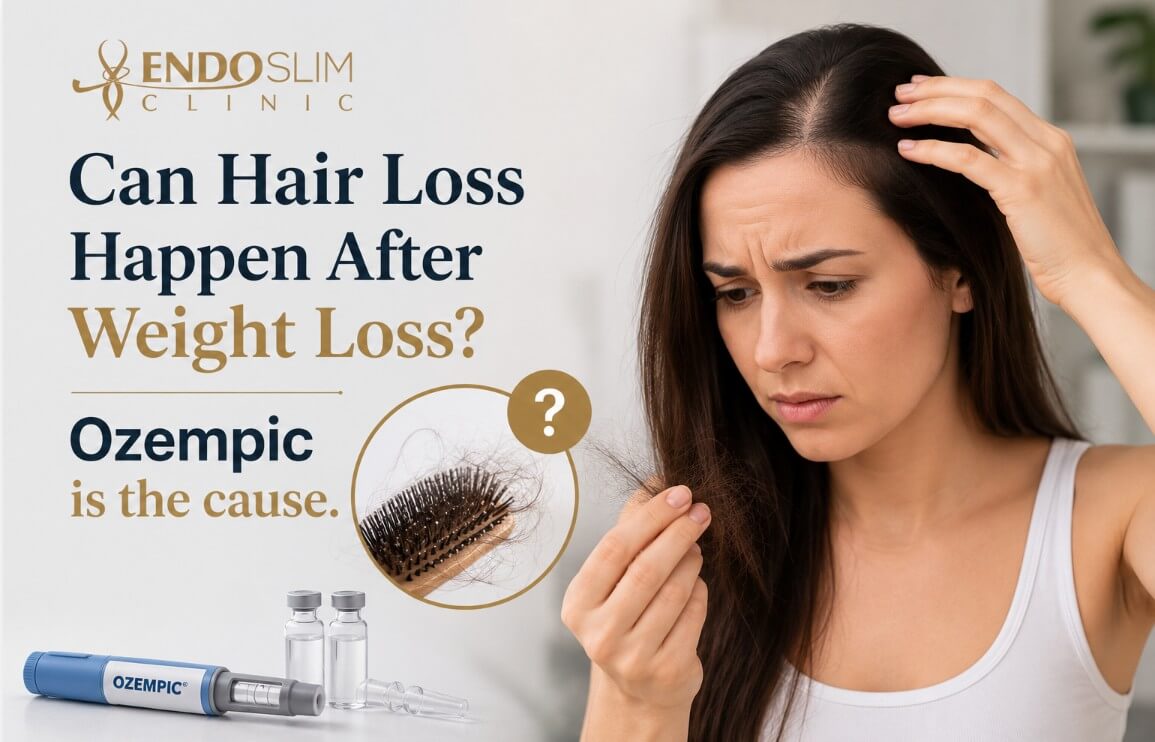 Woman experiencing hair shedding after significant weight loss while using Ozempic®, illustrating concerns about hair loss during a medical weight loss journey.