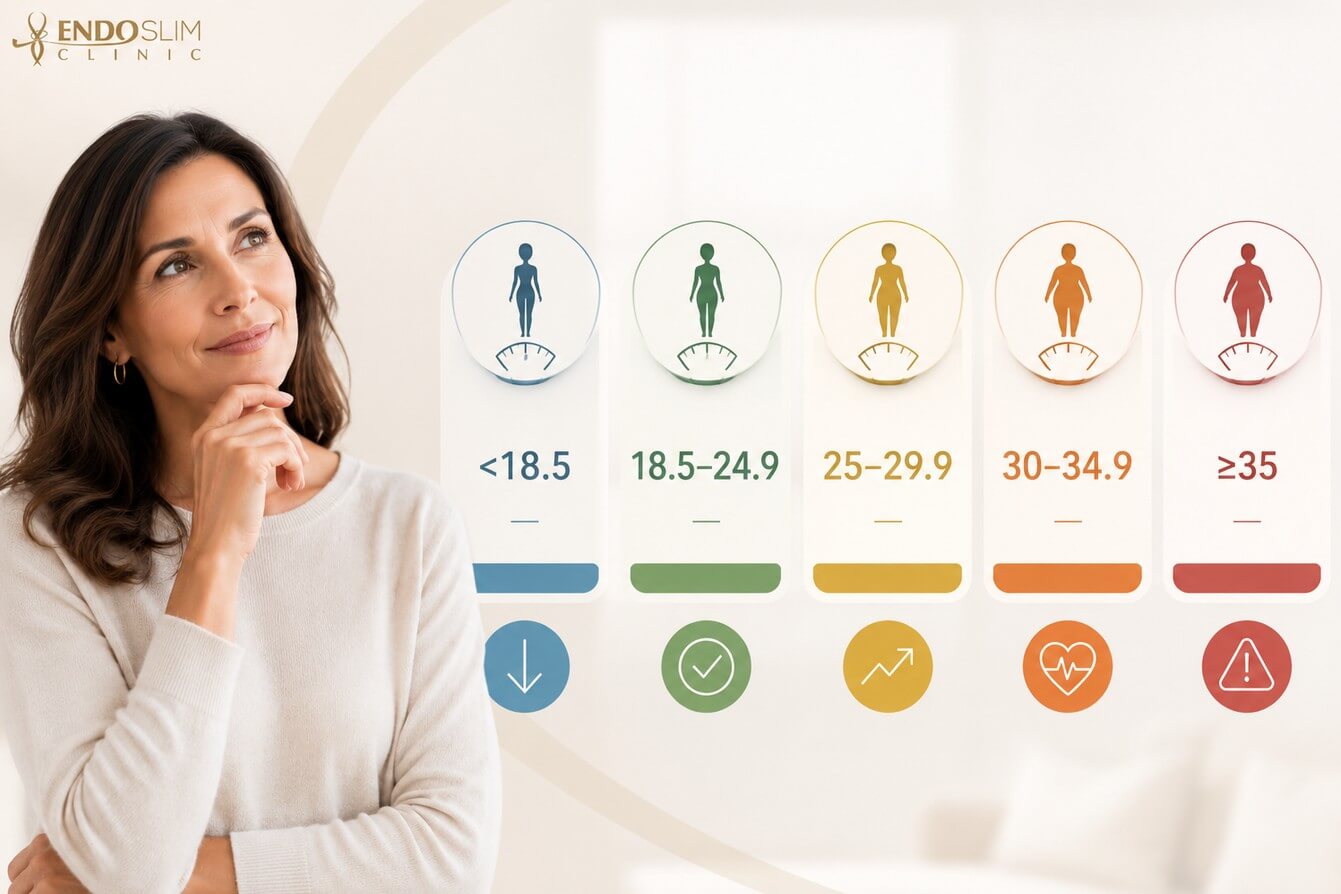 BMI categories infographic for adult women showing healthy weight ranges by body mass index with a thoughtful woman and EndoSlim Clinic logo.

Alt Description: