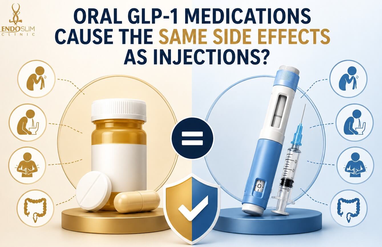 Illustration comparing oral GLP-1 weight loss medications and injectable GLP-1 treatments, showing that both may cause similar digestive side effects, with the EndoSlim Clinic logo.