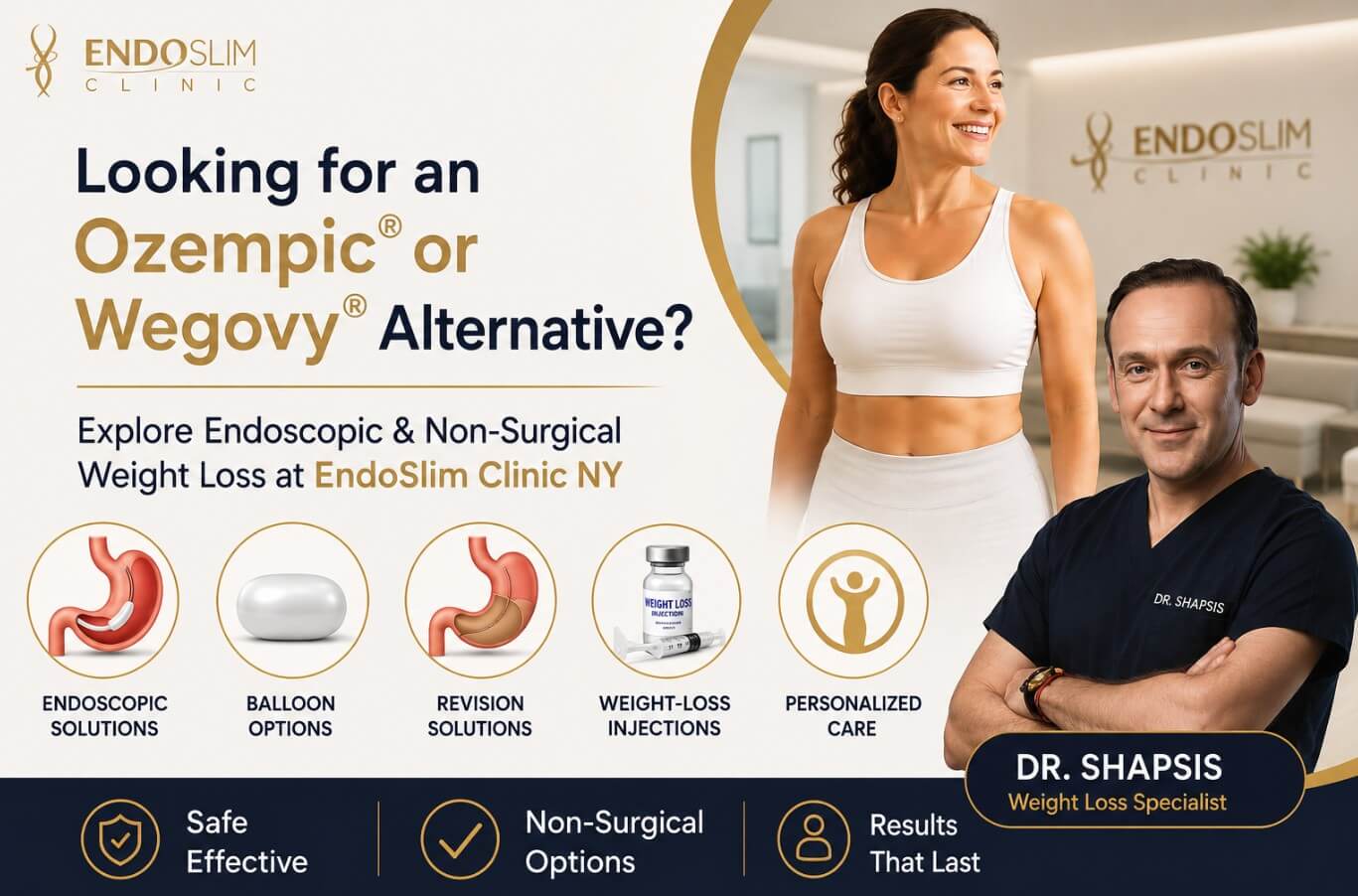 Alternative to Ozempic® and Wegovy® at EndoSlim Clinic NY featuring Dr. Alexander Shapsis and advanced endoscopic, non-surgical weight loss treatment options.