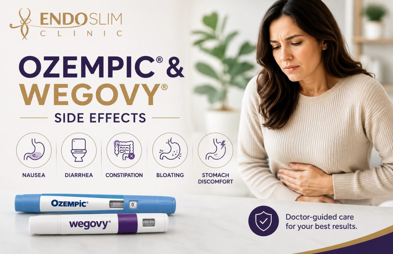 Ozempic® and Wegovy® side effects infographic from EndoSlim Clinic NY showing common semaglutide symptoms including nausea, diarrhea, constipation, bloating, and stomach discomfort.