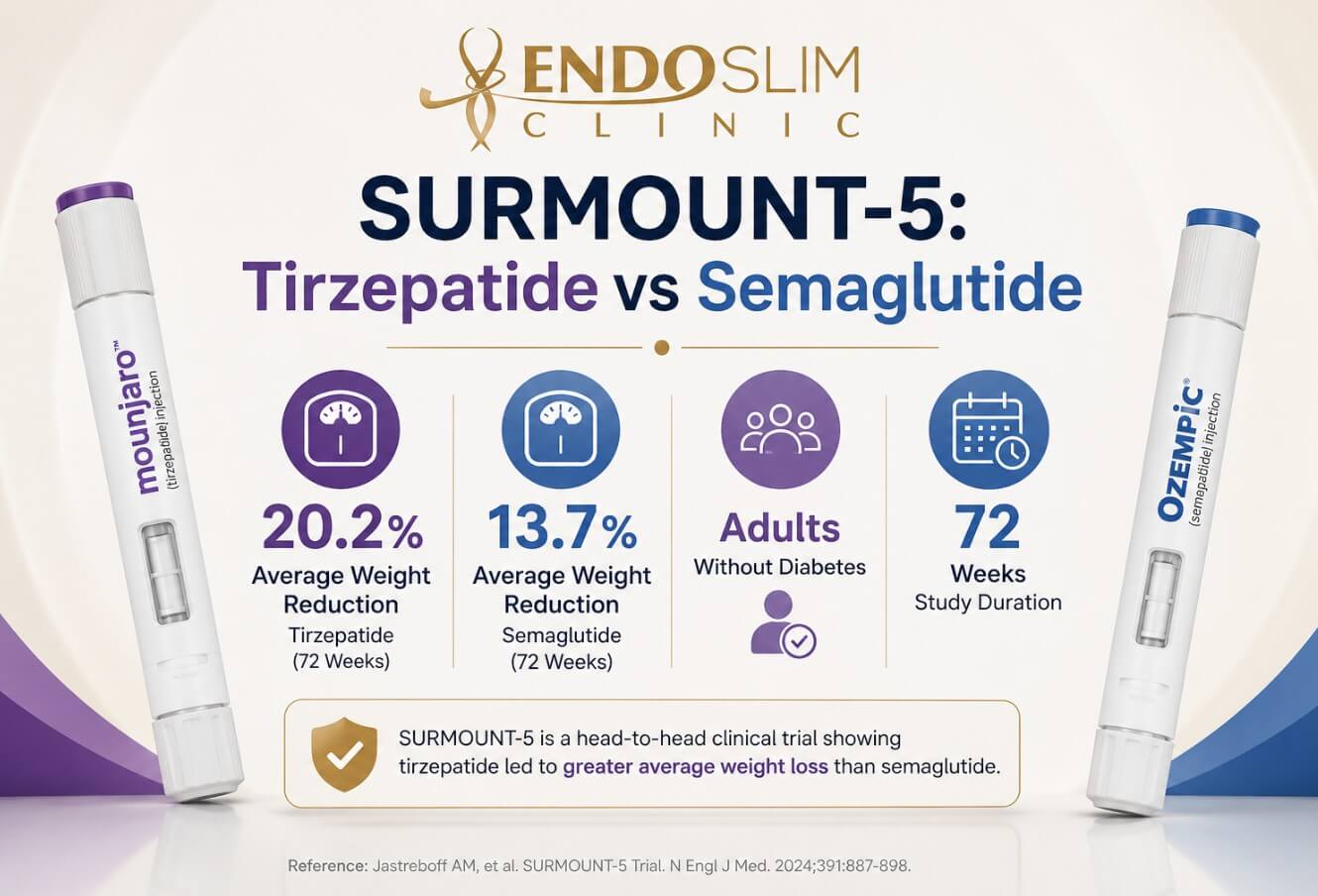 SURMOUNT-5 tirzepatide vs semaglutide comparison showing 20.2% vs 13.7% average weight loss over 72 weeks