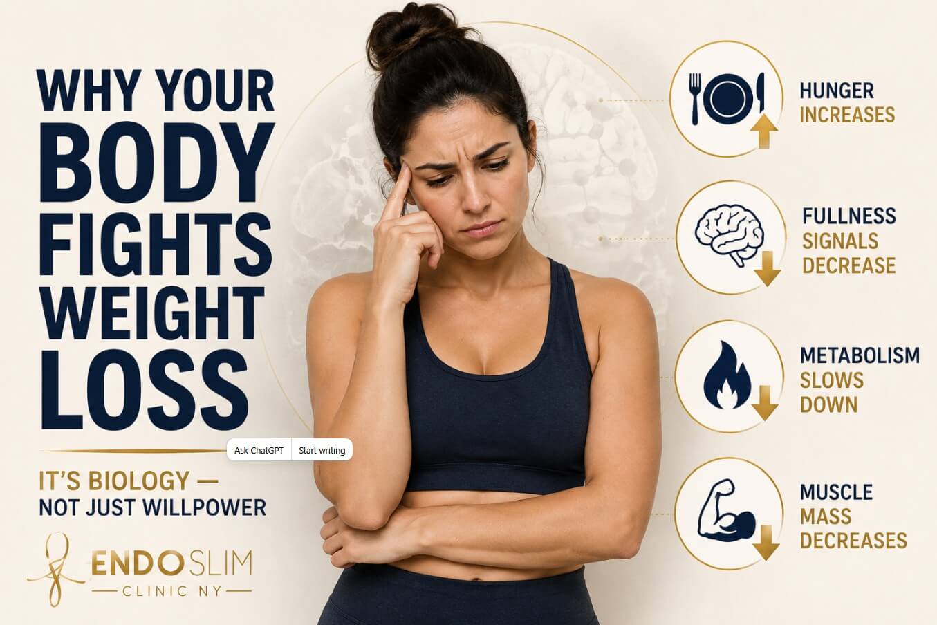 Why your body fights weight loss infographic showing increased hunger, reduced fullness signals, slower metabolism, and decreased muscle mass