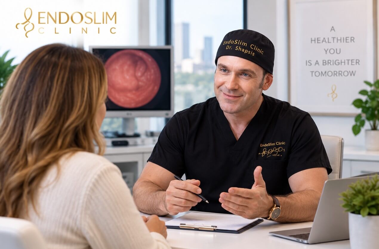 Dr. Alexander Shapsis discussing a personalized weight loss plan with a patient at EndoSlim Clinic NY in Brooklyn